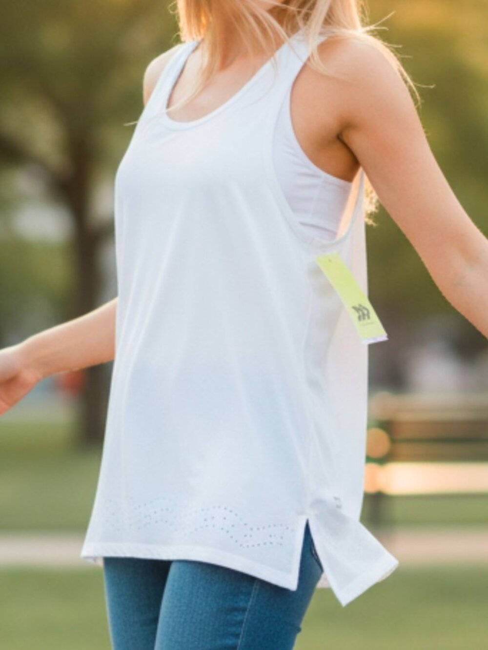 Loose-Fit White Racerback Tank Top With Laser-Cut Hem Detailing Lightweight Fabr